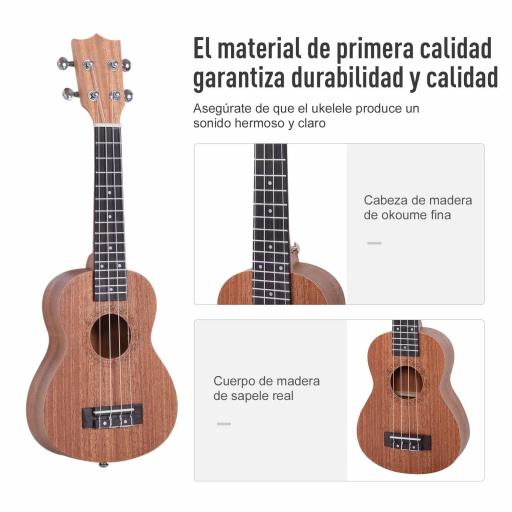 Ukelele Soprano para Principiantes con 4 Cuerdas de Nylon Ajustables Juguete educativo 53x17,5x6,2cm Madera [4]