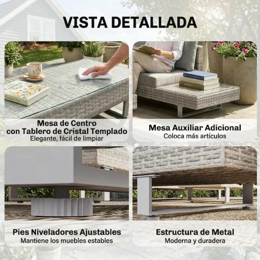 Conjunto de Jardín Exterior de Ratán de 3 Piezas con Sofá Modular de 3 y 2 Plazas Mesa Lateral Mesa de Centro Cojines [5]