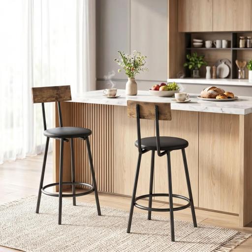 Set de 2 Taburetes de Bar con Respaldo y Reposapiés Tapizados en PU 41x47x92 cm Negro [7]