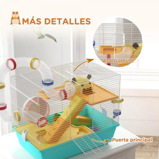 Jaula de Hámster con Túnel Plataformas Cuenco Bebedero Casita Rampas y Rueda de Ejercicio 45x28x37 cm Azul Claro [7]