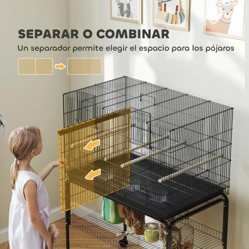 Jaula para Pájaros con Divisor Comederos Bandeja Extraíble y Soporte para Canarios y Periquitos 94x57x57/128 cm Negro [2]
