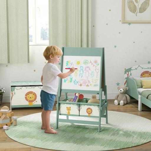 Pizarra Infantil Caballete 3 en 1 Caballete de Pintura para Niños de Doble Cara con Rollo de Papel y Cestas Verde