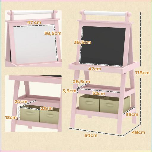Pizarra Infantil Caballete 3 en 1 Caballete de Pintura para Niños de Doble Cara con Rollo de Papel y Cestas Rosa Palo [2]