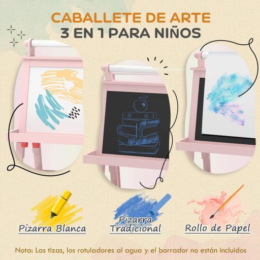 Pizarra Infantil Caballete 3 en 1 Caballete de Pintura para Niños de Doble Cara con Rollo de Papel y Cestas Rosa Palo [5]
