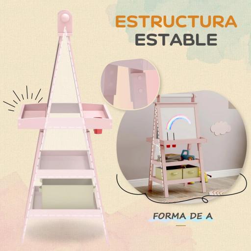 Pizarra Infantil Caballete 3 en 1 Caballete de Pintura para Niños de Doble Cara con Rollo de Papel y Cestas Rosa Palo [3]