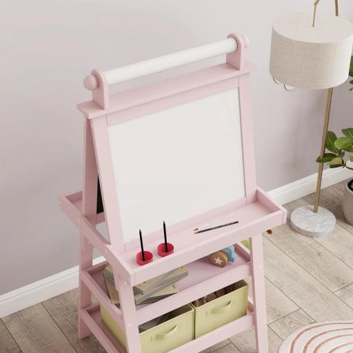Pizarra Infantil Caballete 3 en 1 Caballete de Pintura para Niños de Doble Cara con Rollo de Papel y Cestas Rosa Palo [7]