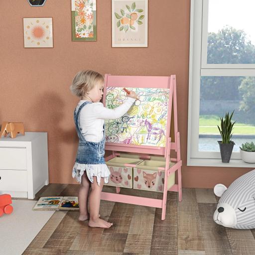 Caballete Infantil 3 en 1 Caballete para Niños de Doble Cara con Rollo de Papel Pizarras y 2 Cestas 54x46,5x93 cm Rosa