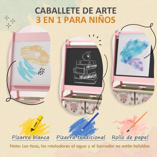 Caballete Infantil 3 en 1 Caballete para Niños de Doble Cara con Rollo de Papel Pizarras y 2 Cestas 54x46,5x93 cm Rosa [5]