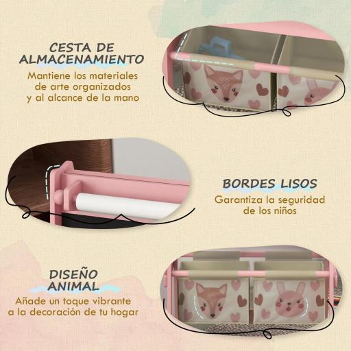 Caballete Infantil 3 en 1 Caballete para Niños de Doble Cara con Rollo de Papel Pizarras y 2 Cestas 54x46,5x93 cm Rosa [8]