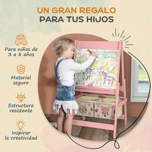 Caballete Infantil 3 en 1 Caballete para Niños de Doble Cara con Rollo de Papel Pizarras y 2 Cestas 54x46,5x93 cm Rosa [10]