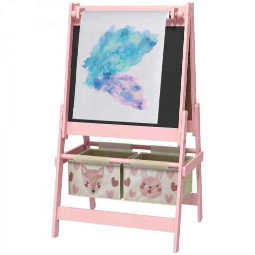Caballete Infantil 3 en 1 Caballete para Niños de Doble Cara con Rollo de Papel Pizarras y 2 Cestas 54x46,5x93 cm Rosa [7]