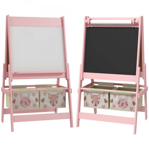 Caballete Infantil 3 en 1 Caballete para Niños de Doble Cara con Rollo de Papel Pizarras y 2 Cestas 54x46,5x93 cm Rosa [1]