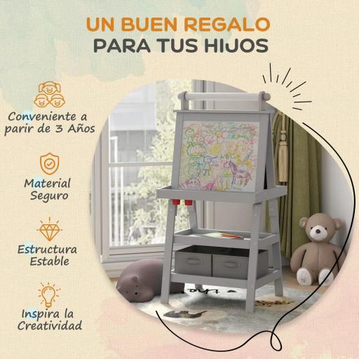 Caballete de Pintura para Niños 3 en 1 Pizarra de Doble Cara con Rollo de Papel y Cestas de Almacenamiento Gris [1]