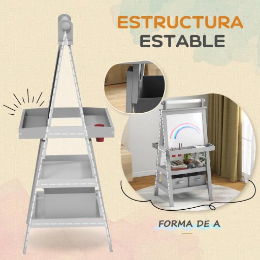 Caballete de Pintura para Niños 3 en 1 Pizarra de Doble Cara con Rollo de Papel y Cestas de Almacenamiento Gris [2]