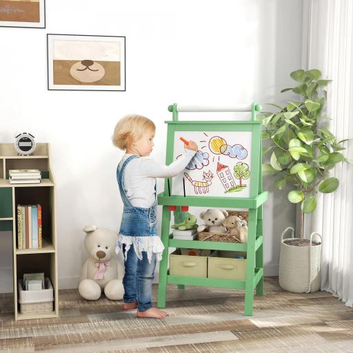 Pizarra Infantil Caballete 3 en 1 Caballete de Pintura para Niños de Doble Cara con Rollo de Papel y Cestas Verde