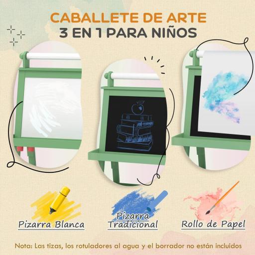 Pizarra Infantil Caballete 3 en 1 Caballete de Pintura para Niños de Doble Cara con Rollo de Papel y Cestas Verde [4]