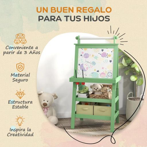 Pizarra Infantil Caballete 3 en 1 Caballete de Pintura para Niños de Doble Cara con Rollo de Papel y Cestas Verde [3]