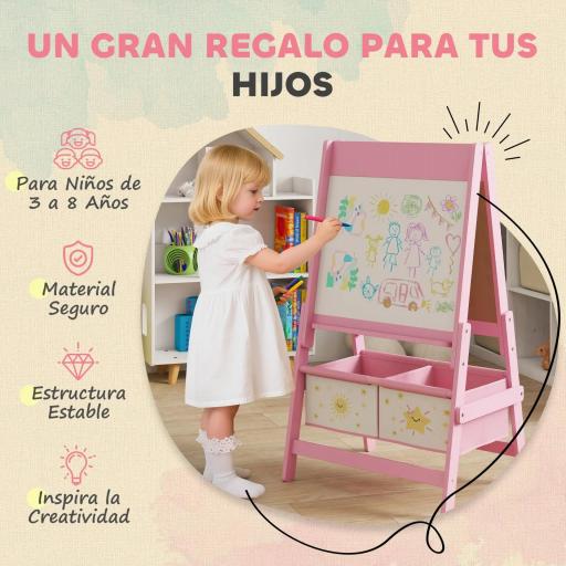 Pizarra Infantil Caballete 3 en 1 Caballete de Pintura para Niños de Doble Cara con Rollo de Papel y Cestas Rosa [6]