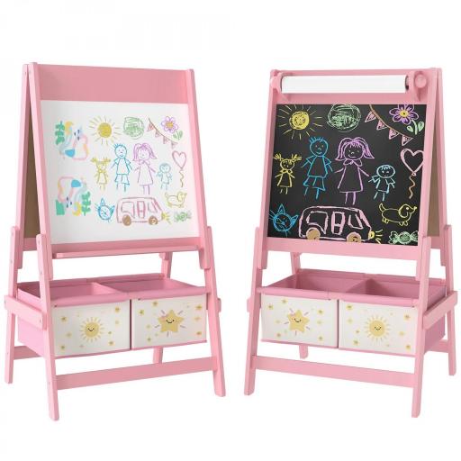 Pizarra Infantil Caballete 3 en 1 Caballete de Pintura para Niños de Doble Cara con Rollo de Papel y Cestas Rosa [7]