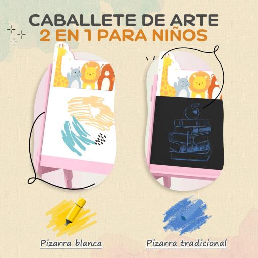Pizarra Infantil de Doble Cara con 2 Cajas de Tela Caballete de Pintura para Niños con Estampado de Animales Rosa [5]