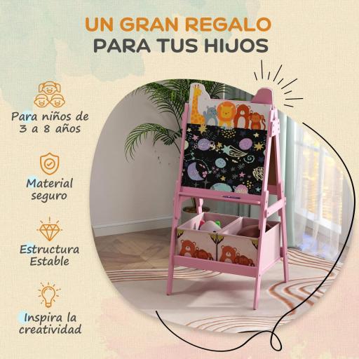 Pizarra Infantil de Doble Cara con 2 Cajas de Tela Caballete de Pintura para Niños con Estampado de Animales Rosa [4]