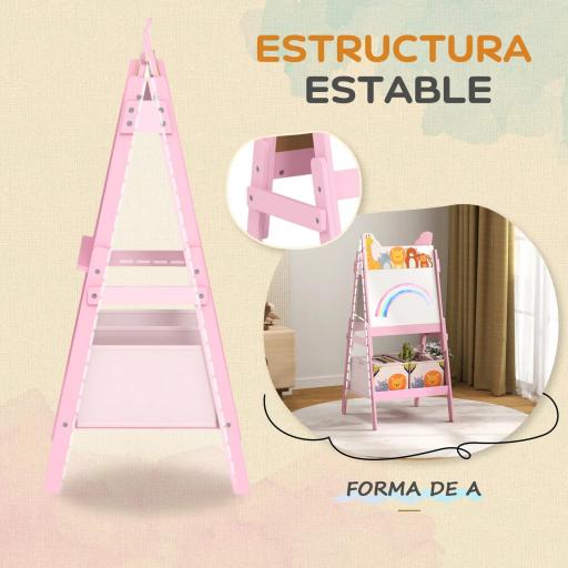 Pizarra Infantil de Doble Cara con 2 Cajas de Tela Caballete de Pintura para Niños con Estampado de Animales Rosa [2]