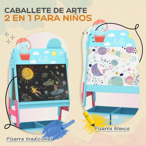 Pizarra Infantil de Doble Cara con 2 Cajas de Tela Caballete de Pintura para Niños con Estampado de Animales Azul [1]