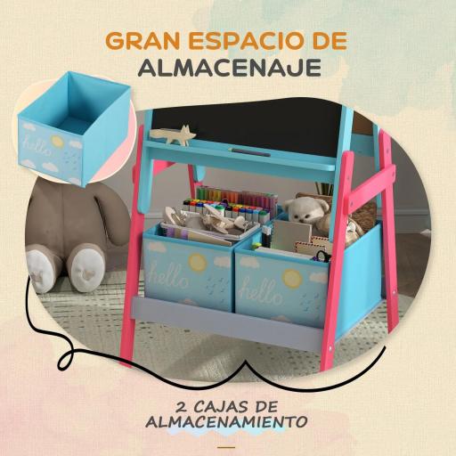 Pizarra Infantil de Doble Cara con 2 Cajas de Tela Caballete de Pintura para Niños con Estampado de Animales Azul [3]