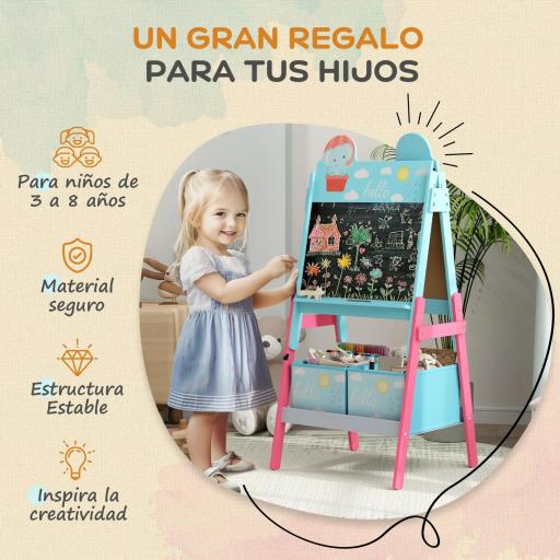 Pizarra Infantil de Doble Cara con 2 Cajas de Tela Caballete de Pintura para Niños con Estampado de Animales Azul [2]