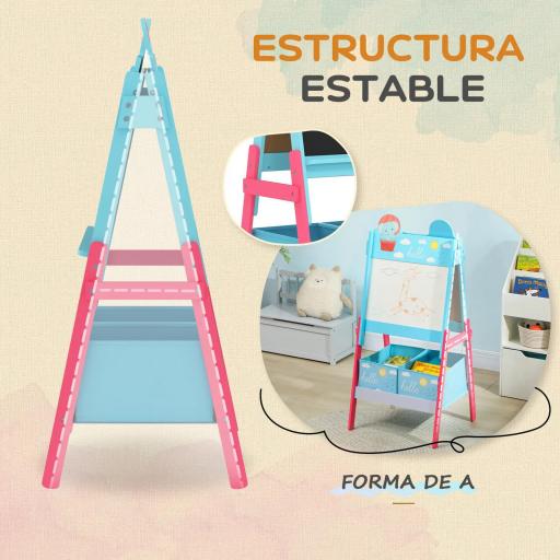 Pizarra Infantil de Doble Cara con 2 Cajas de Tela Caballete de Pintura para Niños con Estampado de Animales Azul [5]