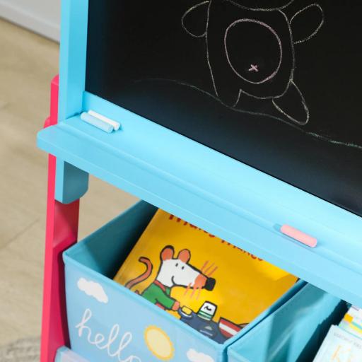 Pizarra Infantil de Doble Cara con 2 Cajas de Tela Caballete de Pintura para Niños con Estampado de Animales Azul [4]