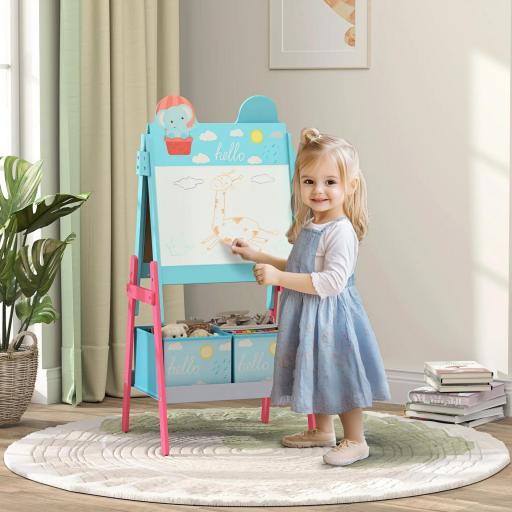 Pizarra Infantil de Doble Cara con 2 Cajas de Tela Caballete de Pintura para Niños con Estampado de Animales Azul