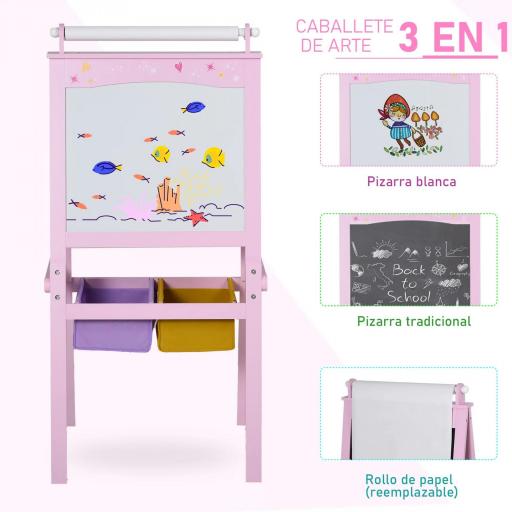 Pizarra de Doble Cara Caballete para Niños con Rollo de Papel y 2 Cestas de Almacenamiento 58,5x50,5x118 cm Rosa [6]