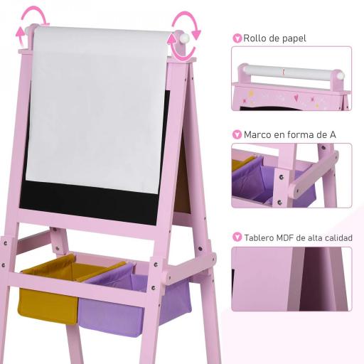 Pizarra de Doble Cara Caballete para Niños con Rollo de Papel y 2 Cestas de Almacenamiento 58,5x50,5x118 cm Rosa [10]