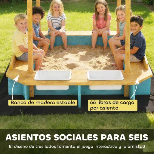 Arenero para Niños de Madera con Techo 3 Bancos 2 Cajas de PP Forro para Niños de 3-6 Años 128x118x121 cm Azul [5]