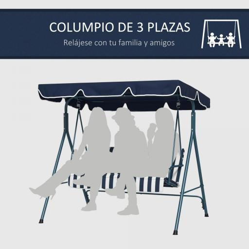 Columpio Balancín de Jardín de 3 Plazas con Cojín Techo Ajustable y Marco de Acero 172x110x153 cm Rayas Azul y Blanco [6]