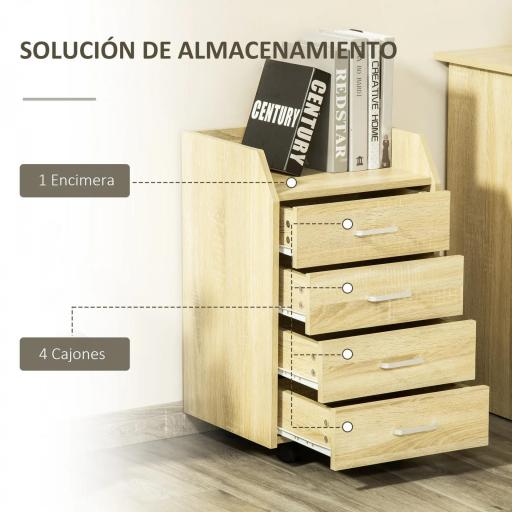 Cajonera de Oficina Mueble Auxiliar para Archivos con 4 Cajones Encimera Superior de Almacenaje 4 Ruedas y 2 Frenos para Estudio Despacho 40x36x65 cm Natural [2]