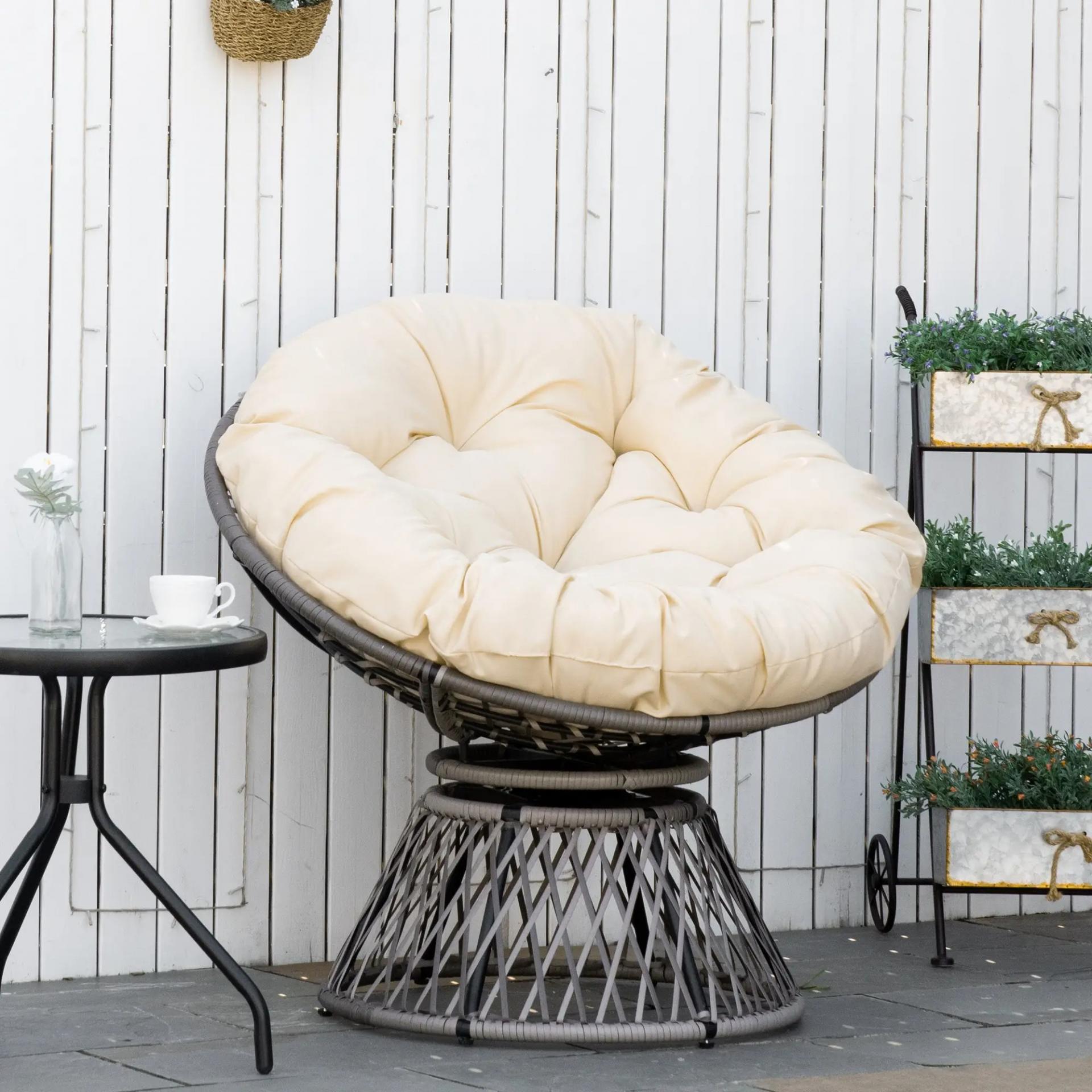 Sillón Papasan Giratorio de Ratán Sintético con Cojín Carga 160 kg para Exterior Jardín Terraza 87x97x86 cm Gris y Crema