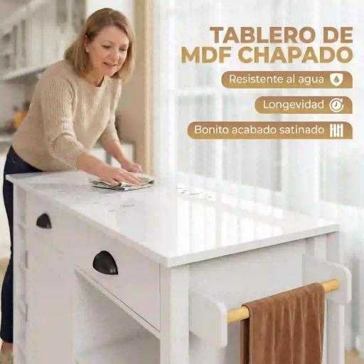 Isla de Cocina con Ruedas Tapa Abatible Especiero Toallero Armario 2 Cajones 117,5x70x91 cm Blanco [4]