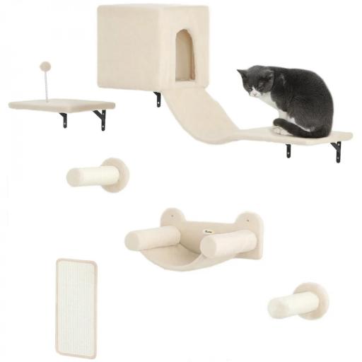 Juego de Escalada para Gatos de Pared de 6 Piezas con Condominio Plataforma Hamaca Escaleras y Tabla de Rascar Beige [7]