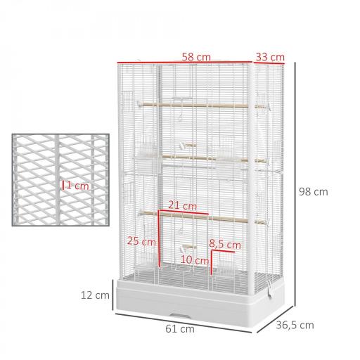 Jaula para Pájaros 61x36,5x98 cm con 8 Puertas 5 Perchas Bandeja Extraíble y 4 Comederos para Periquitos Pinzones Blanco [1]