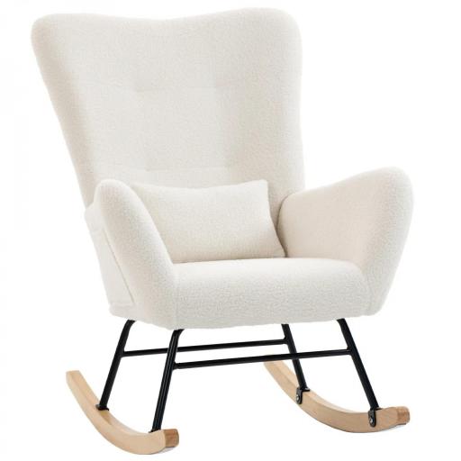 Mecedora de Terciopelo de Teddy con Respaldo Acolchado Almohada y Base de Madera de Caucho Carga 120 kg Crema [8]