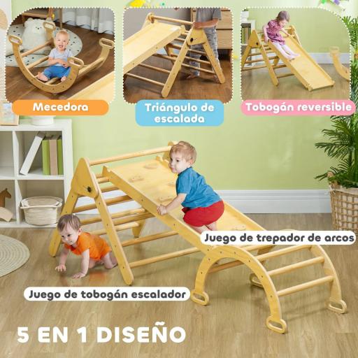 5 en 1 Triángulo de Escalada de Madera Plegable con Rampa Escalador de Arco para Niños 178x64,5x63 cm Madera Natural [9]