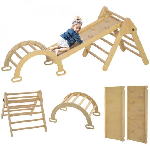 5 en 1 Triángulo de Escalada de Madera Plegable con Rampa Escalador de Arco para Niños 178x64,5x63 cm Madera Natural [6]
