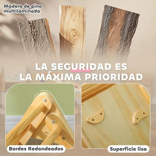 Triángulo de Escalada de Madera 3 en 1 con Rampa para Deslizarse o Escalar 147x64,5x63 cm Natural [4]