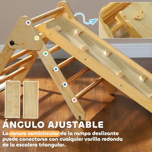 Triángulo de Escalada de Madera 3 en 1 con Rampa para Deslizarse o Escalar 147x64,5x63 cm Natural [1]