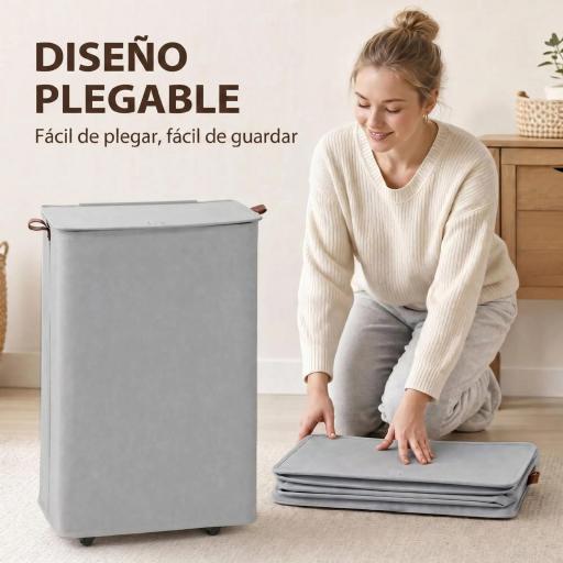 Cesto de Ropa Sucia con Tapa y Ruedas 50L Cesta de Ropa Sucia Plegable con Bolsa con Cordón Extraíble 40x30x65 cm Gris [3]