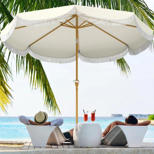 Sombrilla Boho de Ø2,7 m para Exterior con Protección UV30+ Manivela Manual y Techo Doble con Borlas Beige