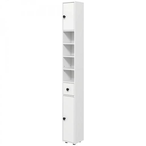 Mueble Auxiliar Baño Moderno con 1 Cajón 5 Estantes y 2 Armarios para Salón Dormitorio Carga 30 kg 20x20x180 cm Blanco [8]
