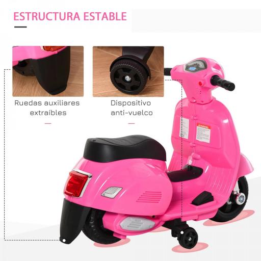 Moto Eléctrica Vespa para Niños de 18-36 Meses Moto de Batería 6V con Faro Bocina y 4 Ruedas 66,5x38x52 cm Rosa [4]